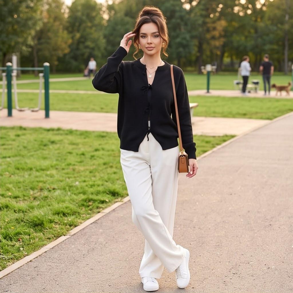 Women's Loose Fit Long Sleeve Color Knit Cardigan with Tie Waist for Casual Wear