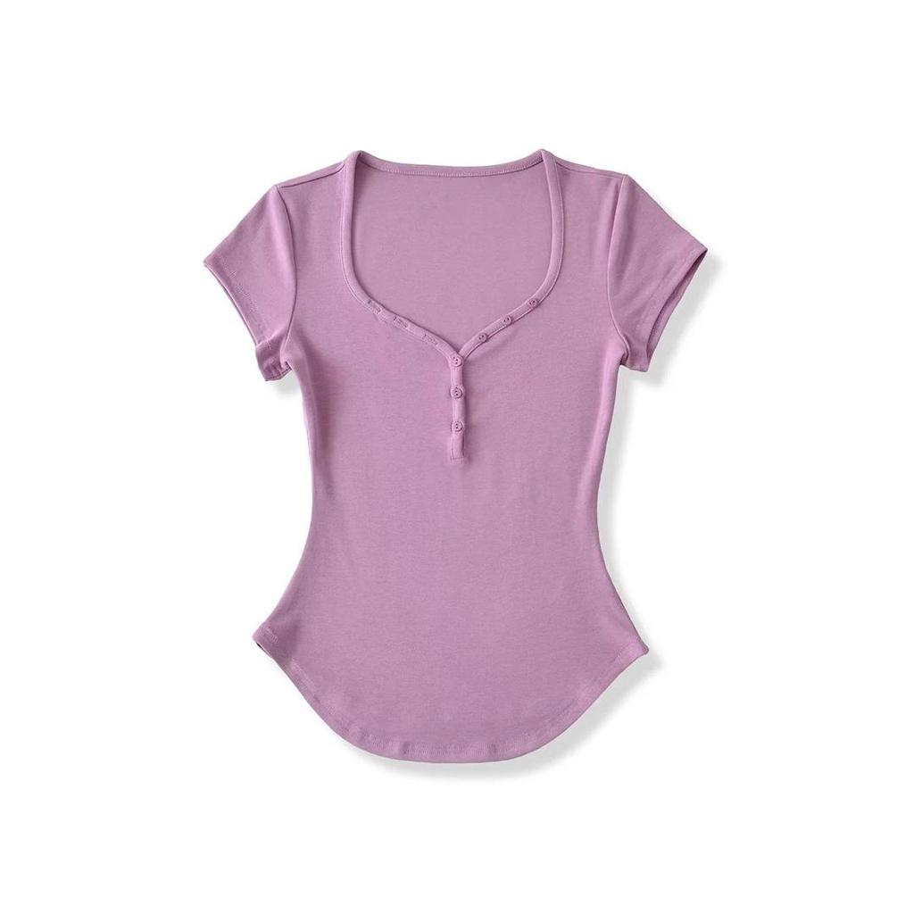 Damen Einfarbiges Slim-Fit T-Shirt mit Herzausschnitt & Gebogenem Saum