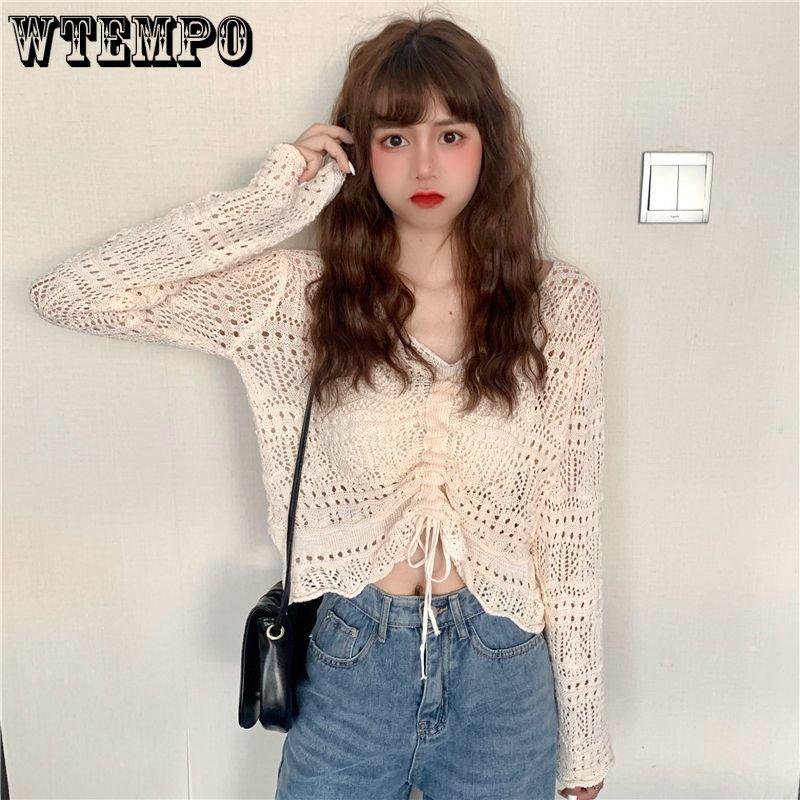 Topuri tricotate pentru femei în stil coreean, primăvară, vară, cu decolteu în V, cu șnur, plisate, scurte, de culoarea bomboanelor