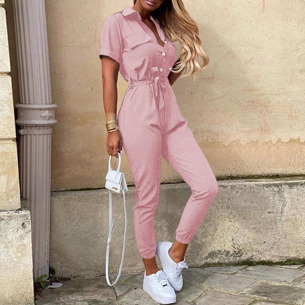 Summer Women's Casual Button-Up Print Waistband Jumpsuit