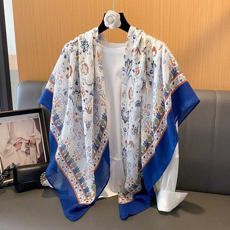 oversized beige flower travel sunscreen sunshade cotton and linen scarf women's silk scarf 111cm large square scarf shawl dual-purpose