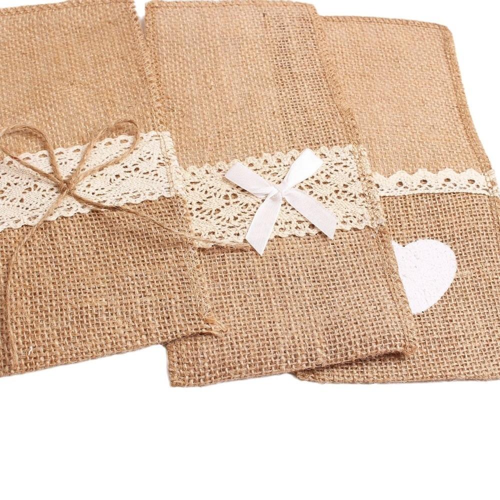 Portable Rustic Style Linen Lace Cutlery Bag Lace Burlap Fork Bag Decorative Chopsticks Sleeve Desktop Ornaments