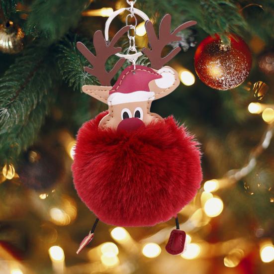Christmas Deer Keychain Cute Reindeer Pom Pom Keyring Faux Fur Fluffy Plush Ball Charm for Handbag Backpack Purse Accessory