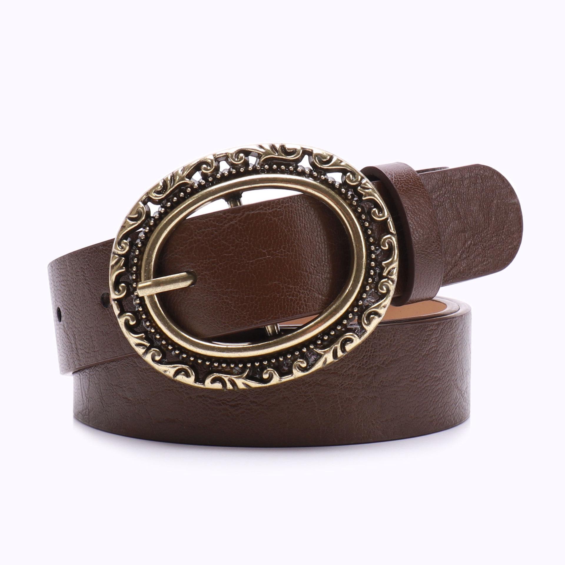 

Women s Retro Vintage Leather Belt, Bronze Oval Buckle, Perfect for Jeans & Dresses кофейный