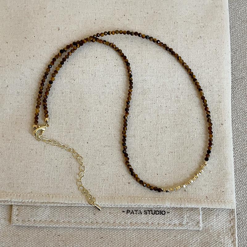 Women Gold Plated Natural Tiger Eye Stone Beaded Necklace Shiny Water Wave Chain Choker Jewelry