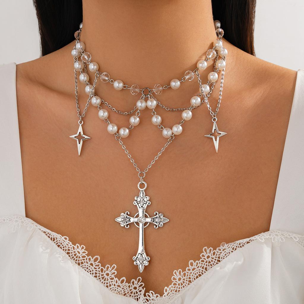 Cyberpunk Cross Pendant Necklace Female, Personalized Metal Rivet Imitation Pearl Clavicle Necklace