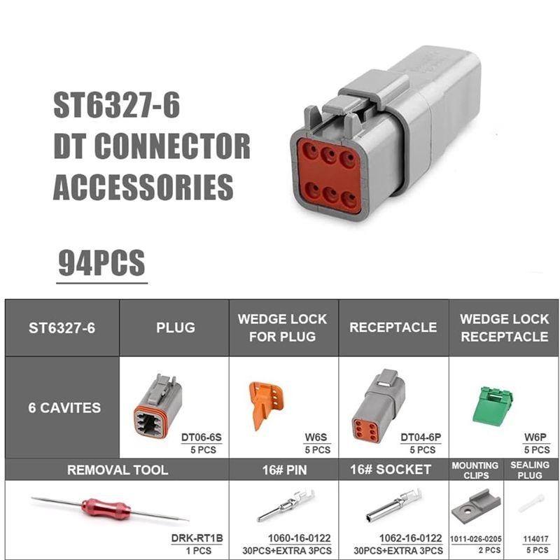 AEE4-5 Set 6 Pin DT Connector Kit, Waterproof DT Connector, Size 16 Stamped Contacts, Seal Plugs For Car, Truck, Motorcycle Dura