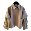 Men Shirt Lapel Long Sleeve Solid Color Splicing Fake Two-Piece Design Pullover Tops Loose Fit Casual Shirt Work Wear