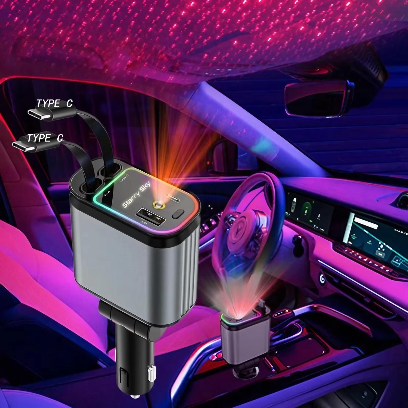 

ZRGAE 4 in 1 Car Phone Charger With Starry Sky SpotlightRetractable Car Charger With Charging Cable And 2Charging Port Universal C C