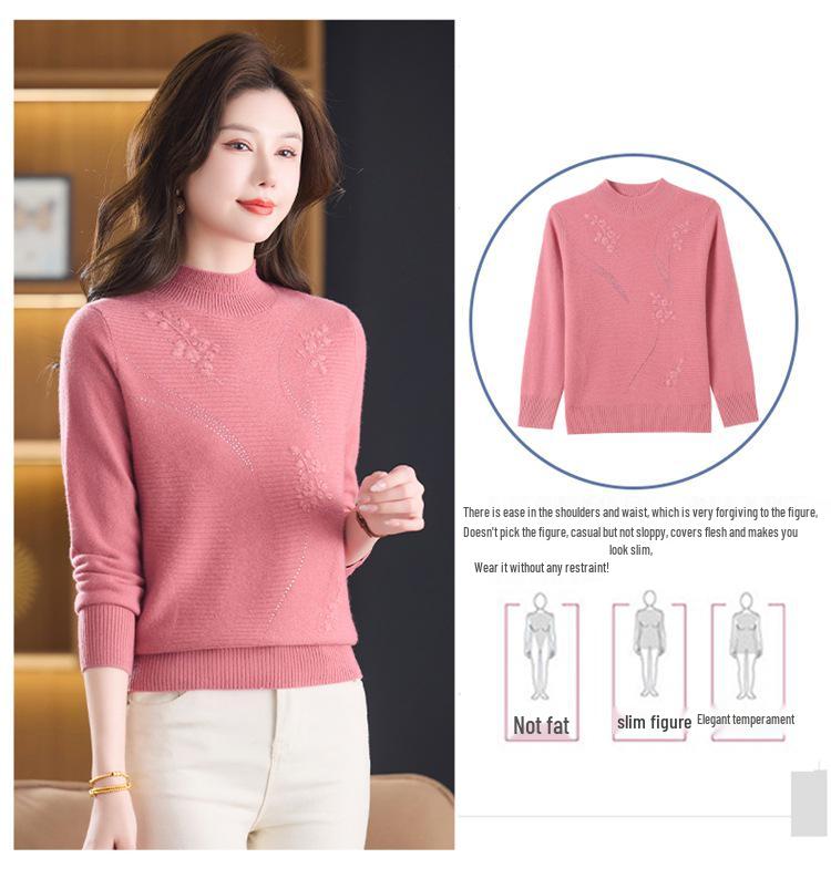 Autumn/Winter 100% Pure Wool Sweater for Mature Women - Knitted Base Layer with Stylish Embroidered Half-High Neck