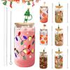 Color Changing Christmas Glass Cup with Lid Straw Brush Reusable Glass Iced Coffee Cup Cute Xmas Party Decorations for Mom Her