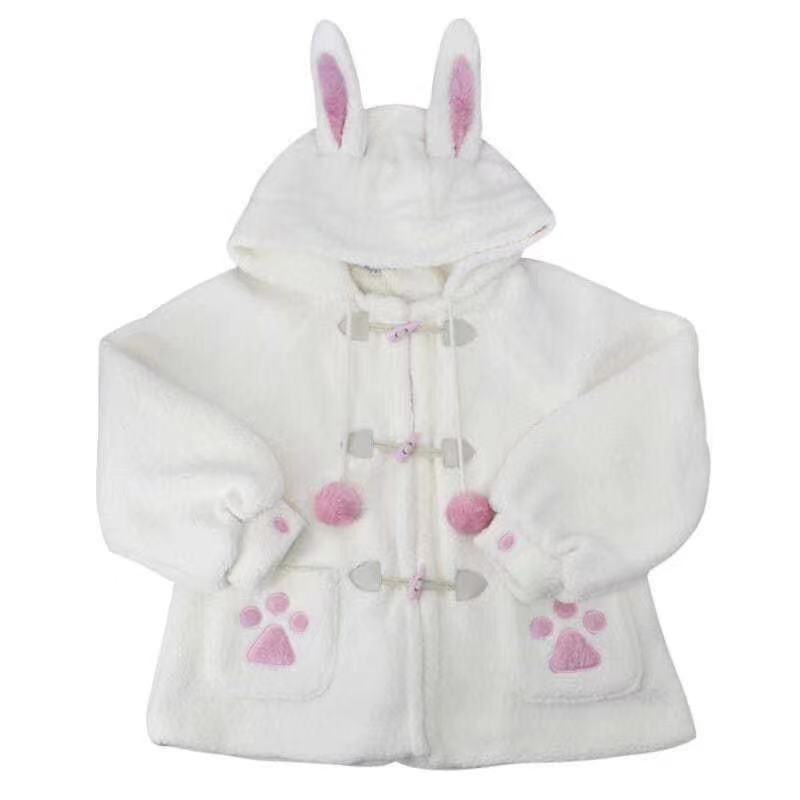 Autumn Winter Women Sweet Lamb Woolen Jacket Kawaii Soft Bear Ears Hooded Coats Girls New Cute Outwear