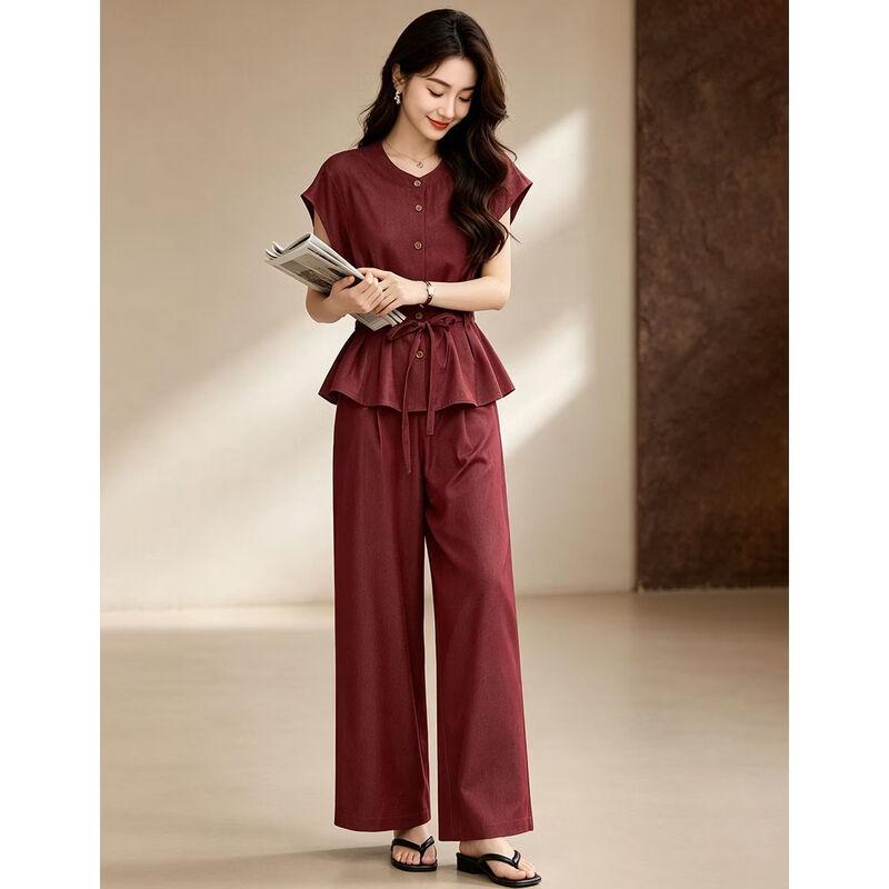 D.F.DEAR Women's Round Neck Two-Piece Set with Wide Leg Pants