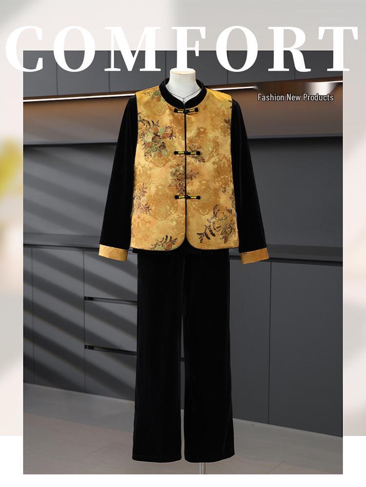 2026 New Chinese Style Velvet Vest Three-Piece Set: Stylish, Slimming, Age-Reducing with Frog Button Embroidery.