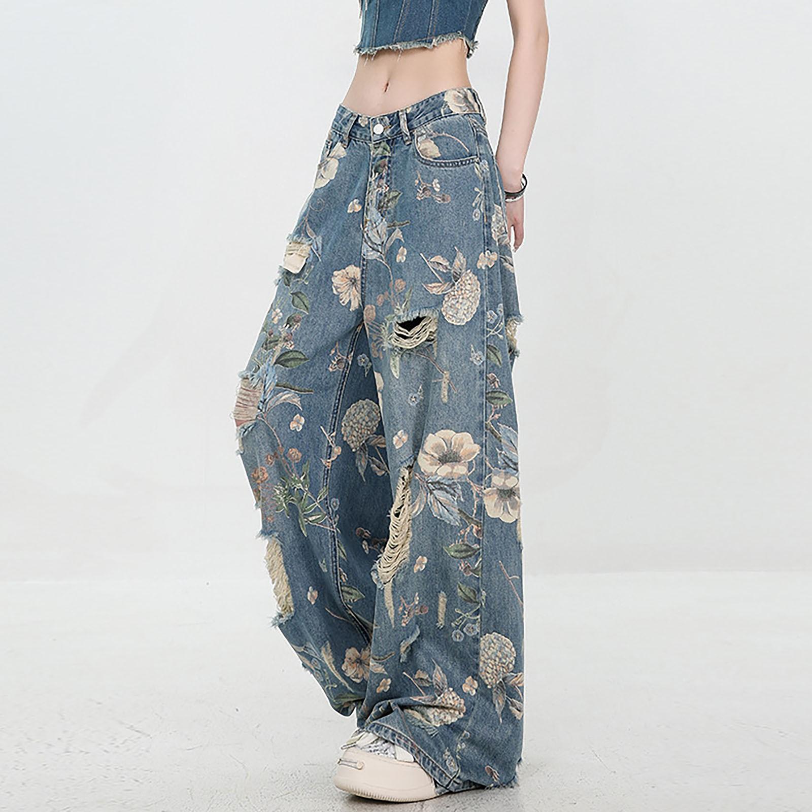 Женская мода ретро личность потертый старый с высокой талией ретро свободные прямые — фото 4