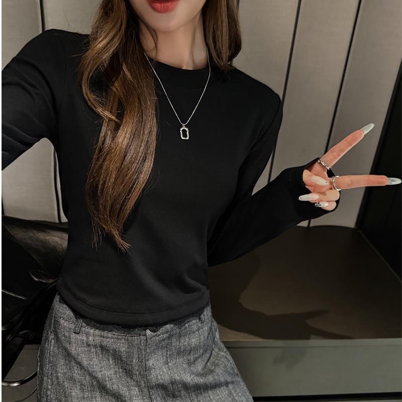 

Топ женский с круглым вырезом и кружевной вставкой в корейском стиле, с длинным рукавом, для осени/весны 2025. L (suitable for 115-130 jin) чёрный