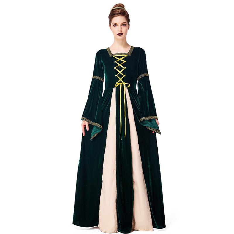 

Adult Women Renaissance Retro Medieval Drama Stage Flare Sleeves Dress Gown Halloween Cosplay Costumes Role Play Outfit M темно-зеленого