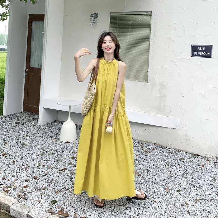 Holiday Style Super Good-looking Fairy French Yellow Neck Off-the-shoulder Dress Women's Summer New Temperament Loose Long