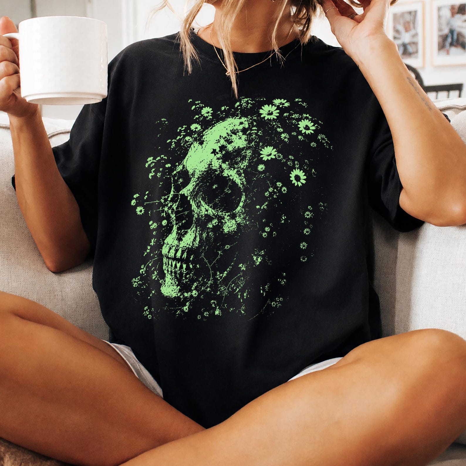 Boho Floral Skull Graphic Tee, Vintage Floral Skeleton Shirt, Retro Summerween Apparel, Witchy Boho Halloween Gift, Spooky Summer Shirt L