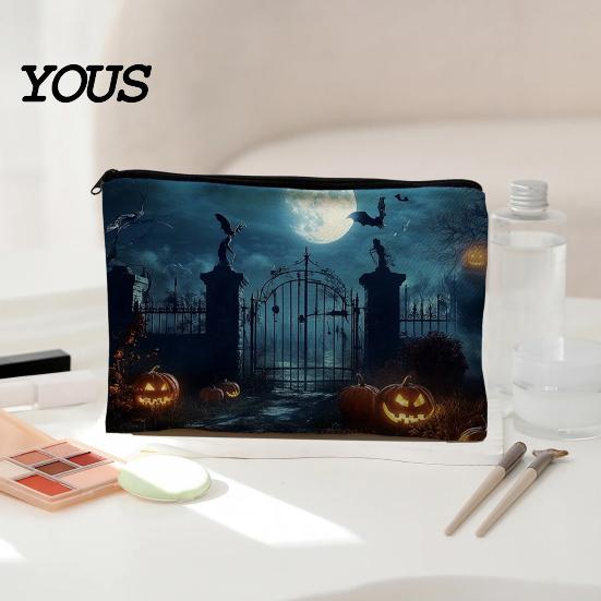 Themed Cosmetic Travel Bag Storage Bag, with Halloween Pumpkin Ghost Print, Smooth Festive Desktop Zipper Canvas Makeup for Organizer