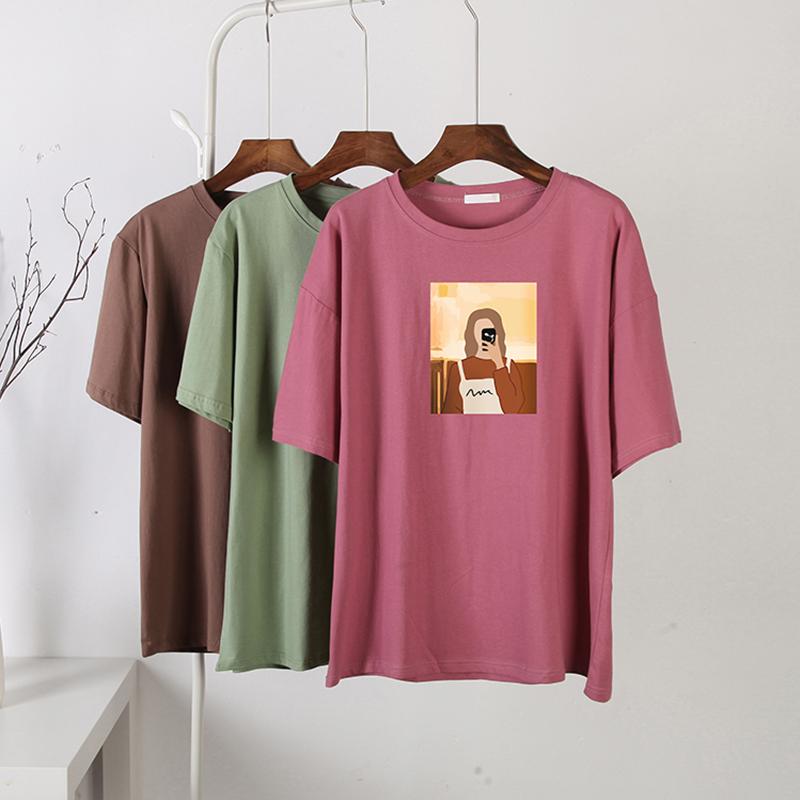 Hirsionsan Koreanska grafiska T-shirts Dam Sommar Casual Lös O-hals Kortärmade T-shirts Kvinnliga vintagetryckta 100 % bomull Toppar