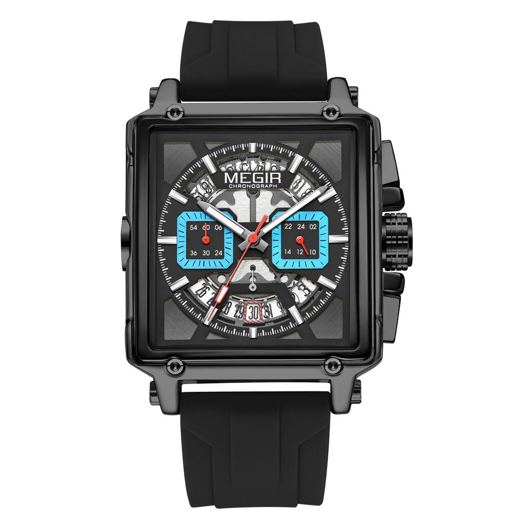 MEGIR Men's Square Chronograph Watch 3ATM Waterproof Quartz Sport Wristwatch for Men with Date & Stopwatch Relogio Masculino