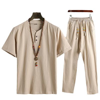 Zomermode Heren Overhemden Broeken Set Katoen en Linnen Overhemden Korte Mouw Heren Casual Top Broek Heren Outfit