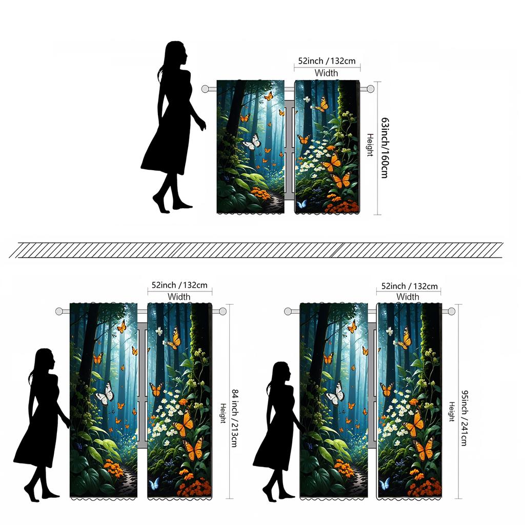 2-piece HD Digital Blue Curtain with Deep Forest View Home Decoration Style Decorate Living Room Bedroom Wear Rod Curtain Effect