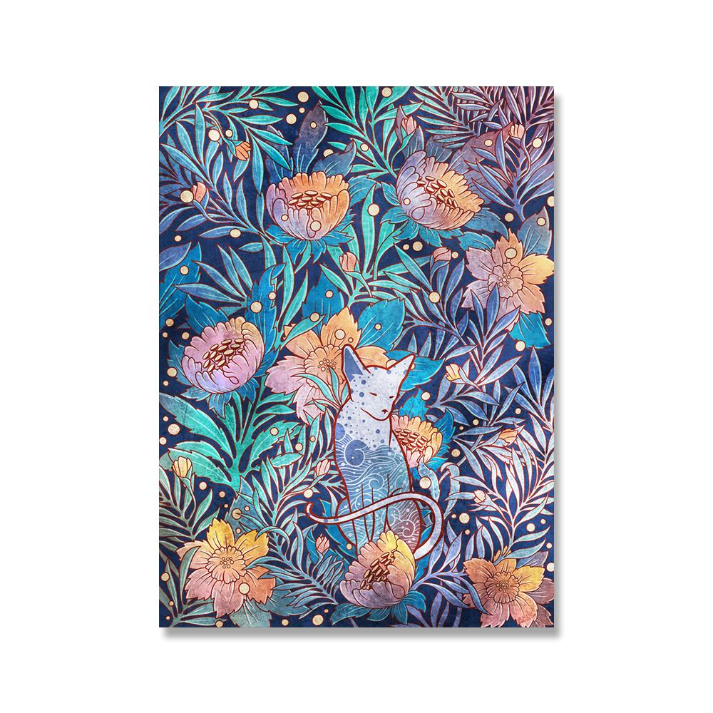 Vintage Cat Cartoon Animal Flower Plant Nordic Poster Wall Art Canvas Painting Wall Pictures For Living Room Home Decor Unframed