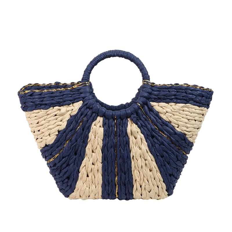 Straw Handbags Handwoven Beach Top-Handle Bags Hollow Out Stripe Tote Hand Bags Large Capacity Half-Moon Bag for Vacation Travel