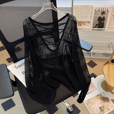 Knitted T Shirt for Women Thin Transparent Sunscreen Solid Ropa De Mujer Loose Korean Fashion Hollow Out Sexy T-shirts