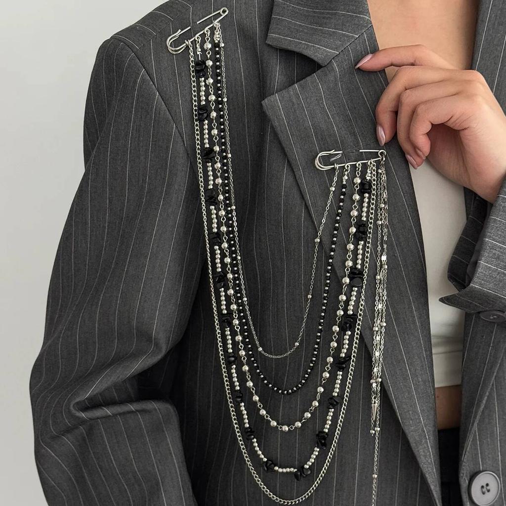 Salircon Creative Unique Black Stone Crystal Beads Long Brooches Women Classic Tassel Chain Shirt Suit Collar Pin Clip Jewelry