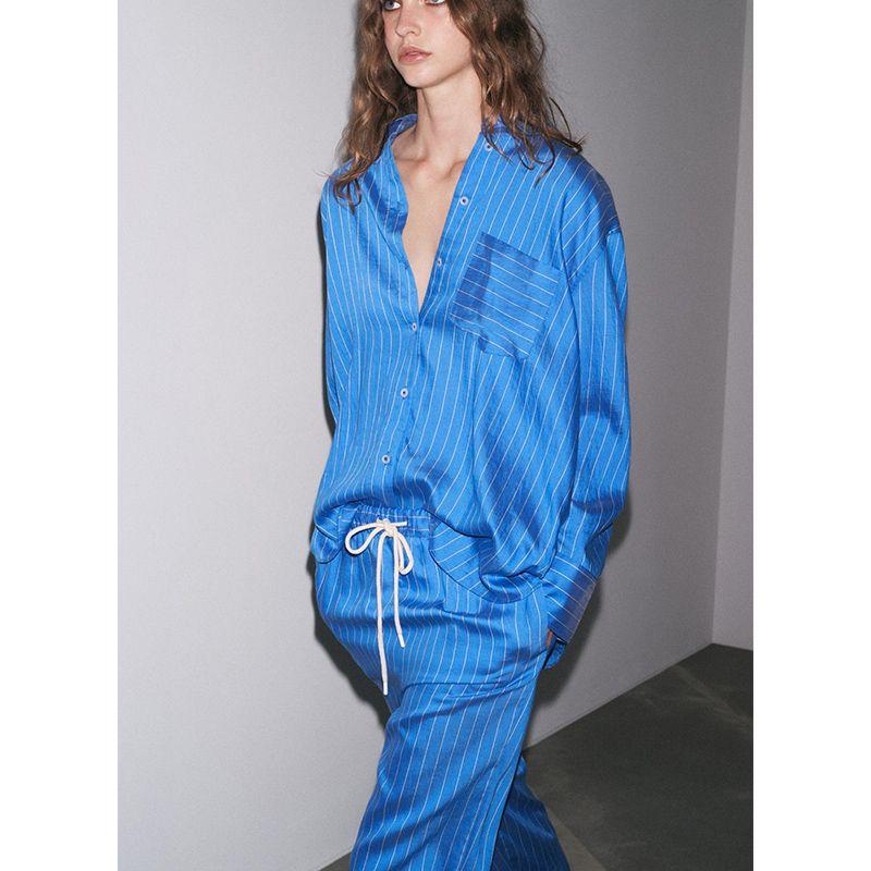 Lyocell Blended Stripes Lapel Long Sleeve Shirt 7563049 Stripes Mid-Waist Straight Pants 7563050