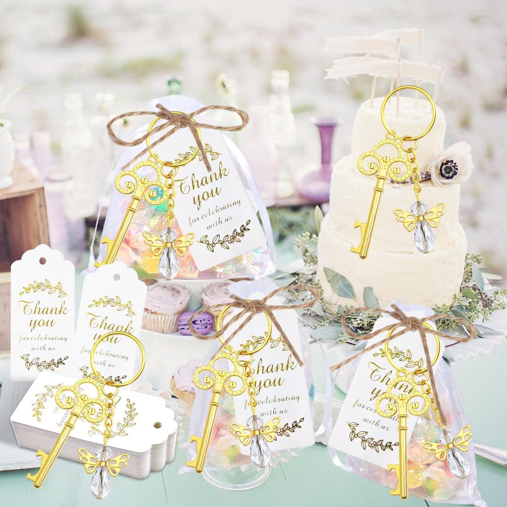 Gold Keychain Crystal Bottle Opener: Party, Wedding Gift & Guest Souvenir Set