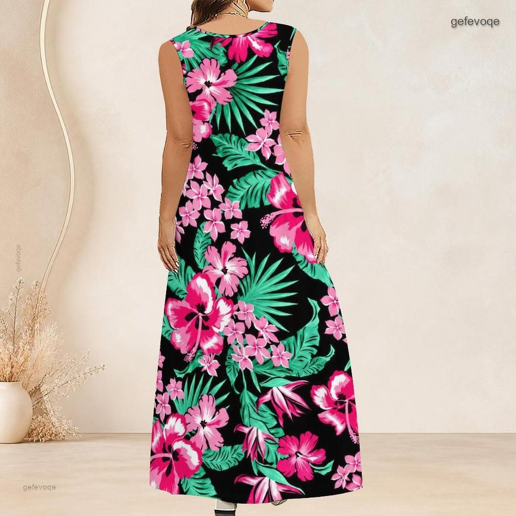 Women Plus Size Scoop Neck Sleeveless Orange Purple Floral Printed A Line Long Dress