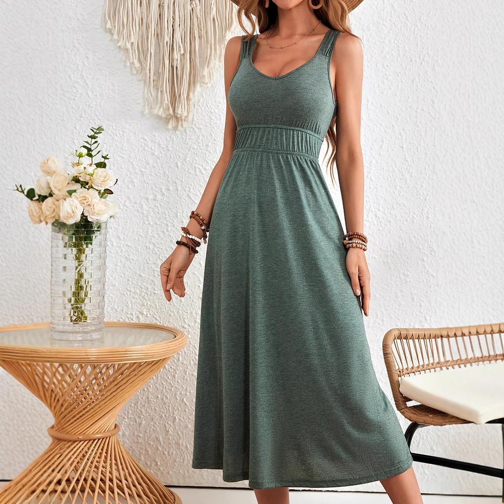 Women Summer Casual Sleeveless Solid Color Holiday Beach Dress