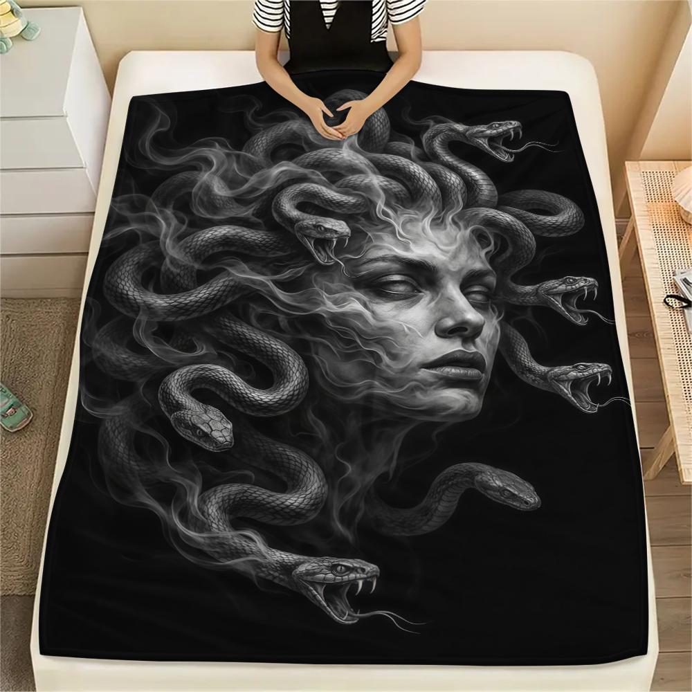 Dark Cupid Medusa Wolf Skull Print Flannel Blanket,High quality Comfortable for All Seasons,Home Decor,Warmth and Comfort,Perfect for Christmas Gifts