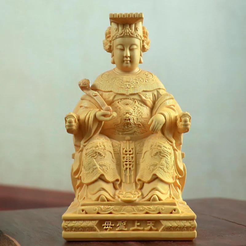 Natural Boxwood Chinese Goddess Mazu Statue Traditional Culture Mazu  Wooden Carvings Sea Goddess Home Room Decoration Figurines