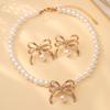 Accessories Fashion Imitation Pearl Beaded Necklace Set Light Luxury Alloy Bow Clavicle Chain