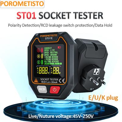 POROMETISTO ST01 Digital Socket Tester with Color Screen UK/EU/US Circuit Checker RCD Socket Detector Data Hold Polarity Tester