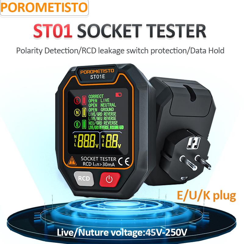 

POROMETISTO ST01 Цифровий тестер розеток з кольоровим екраном Перевірка ланцюгів Великобританії/ЄС/США Детектор розеток RCD Тестер утримання даних Тестер полярності