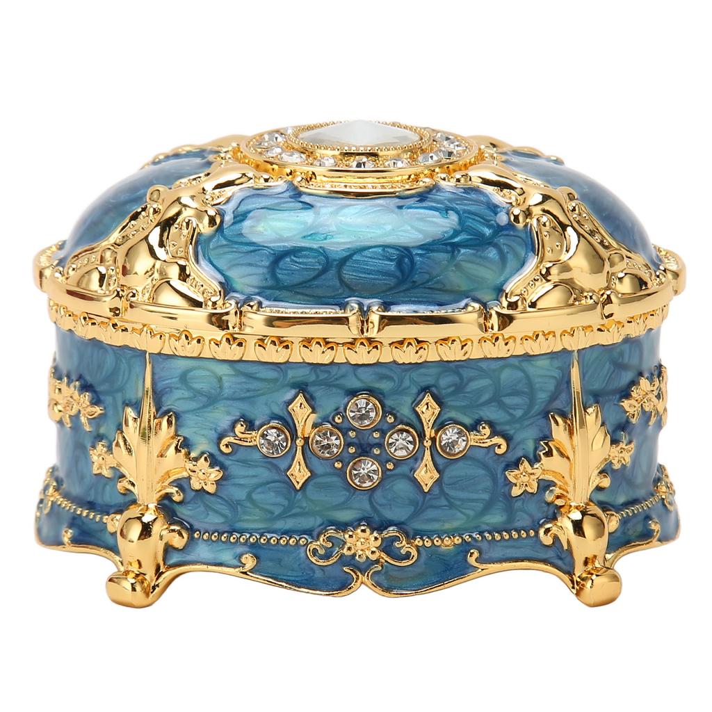 Oval Rhinestone Jewelry Box Ring Retro Engraved Earrings Necklace Storage Organizer Box Gold Edge Royalblue