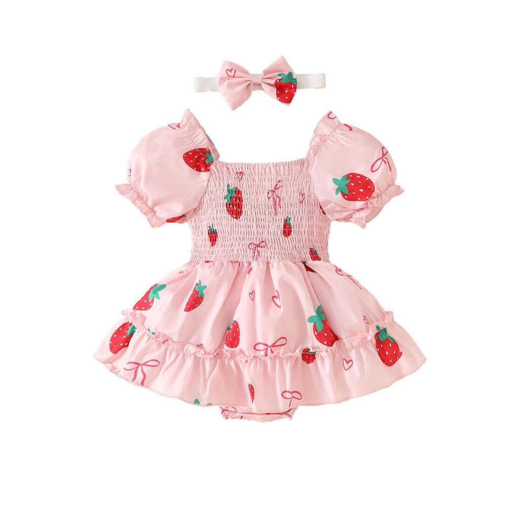 2025 Summer Newborn Ruffle Dress with Lantern Sleeves, Strawberry Butterfly Pattern, and Snap Closure.