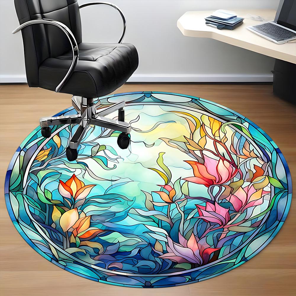 1pc Floral Stained Glass Office Round Area Rug, Under Office Chairs Bedroom Living Room Home Decor, Room Deco