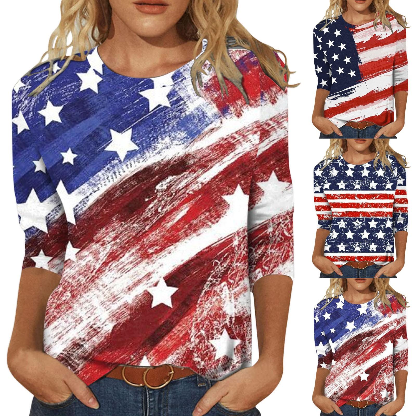 

Женская летняя футболка 2022 с рукавом три четверти ко Дню независимости с принтом и круглым вырезом, топы, блузка