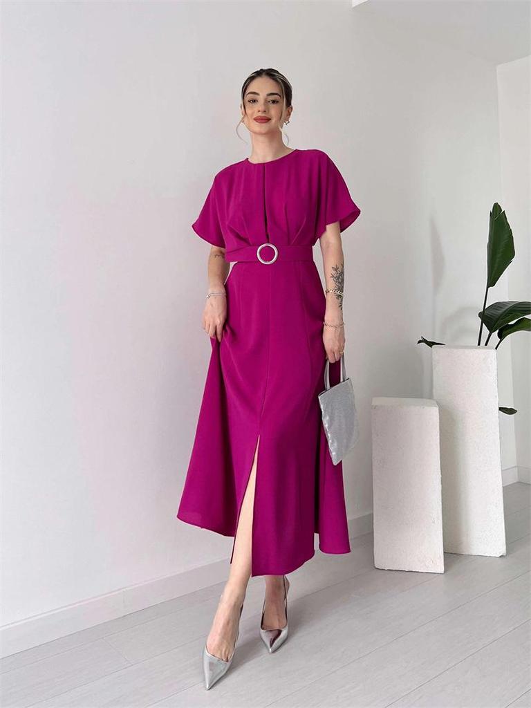 2024 Spring/Summer Pleated Drawstring Women's Maxi Dress - Solid Color Fashion