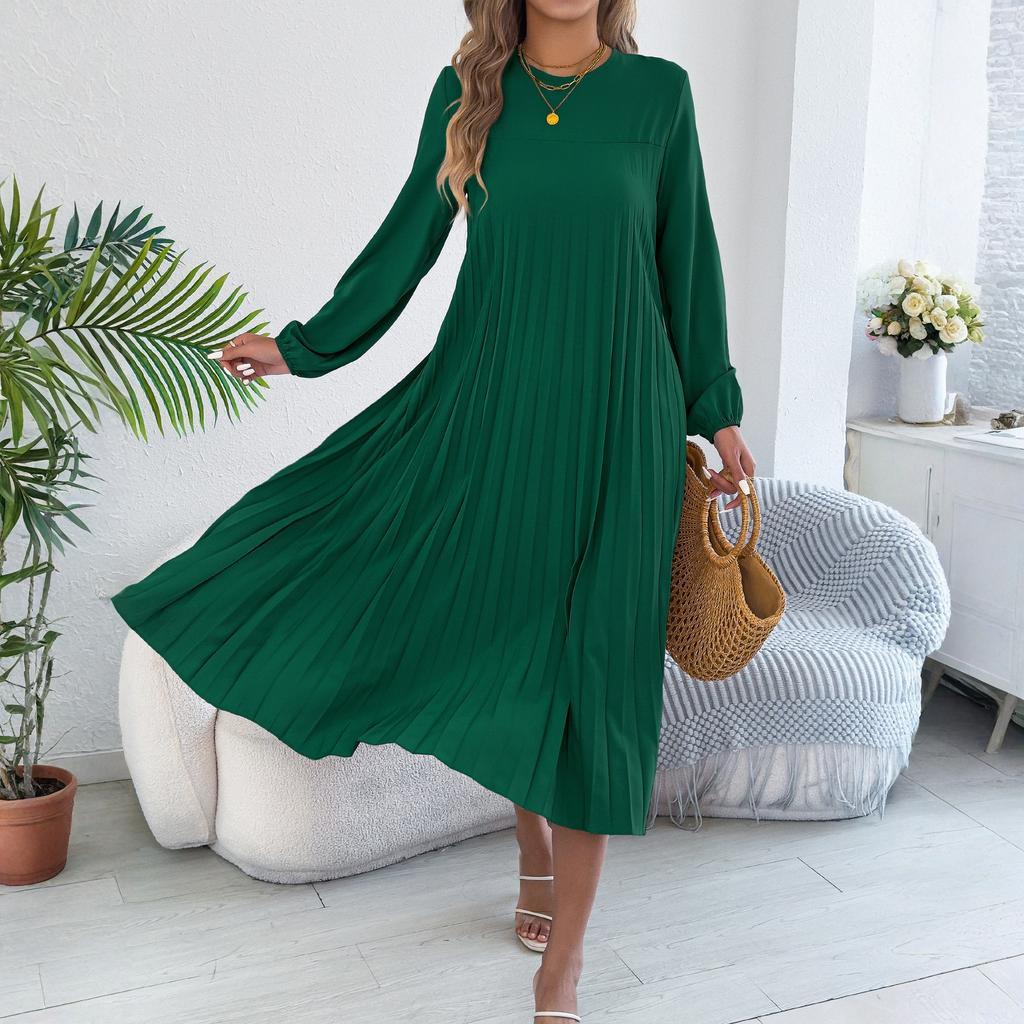 Women's Casual Color Long,sleeved Pleated Dress With Pockets