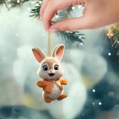 Bunny Christmas Ornaments Christmas Tree Ornaments Little Rabbit Pattern 2D Flat Acrylic Decorative Pendant Interior Rearview Mirror Hanging Ornament