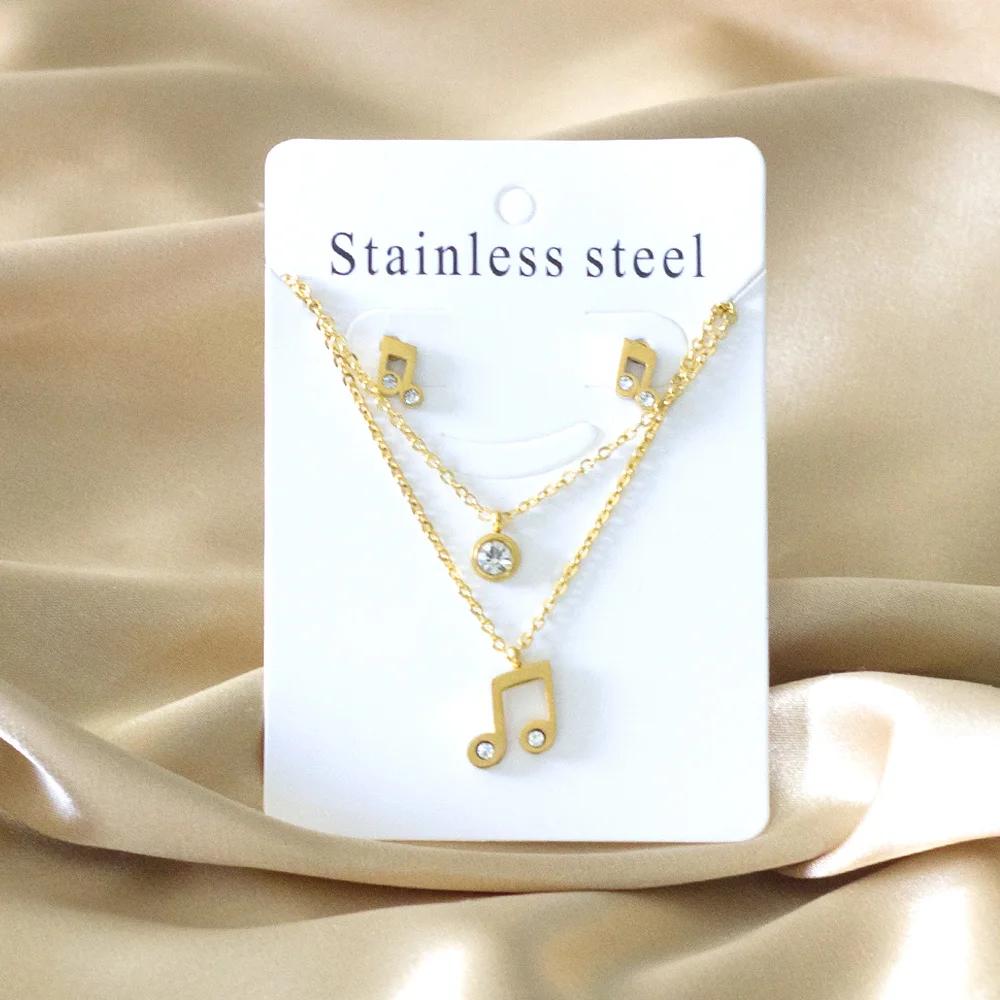 Double Chains Necklace And Earrings Zircon Sets Female Wedding Party Cubic Zirconia 316L Stainless Steel Pendant Zircon Gifts