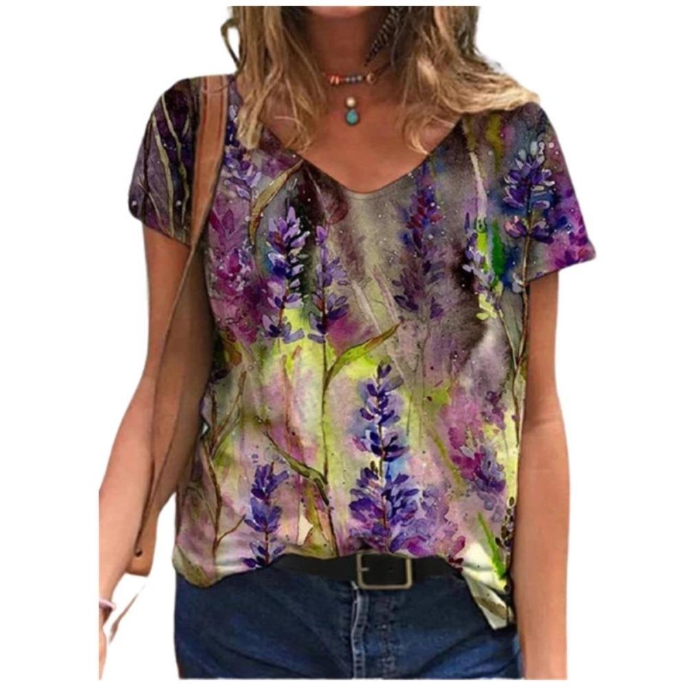 Casual Summer T-shirt 2025 New Women's 3d Floral Print T-shirt Ladies Street Wear Short-sleeved V-neck Top